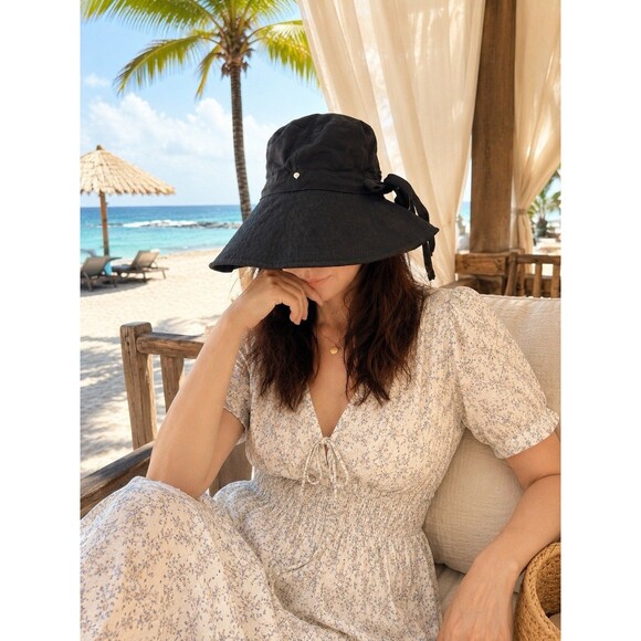 Helen Kaminski Accessories - Helen Kaminski Black Wide Brim Bucket Hat Bow Detail Made in West Africa Resort